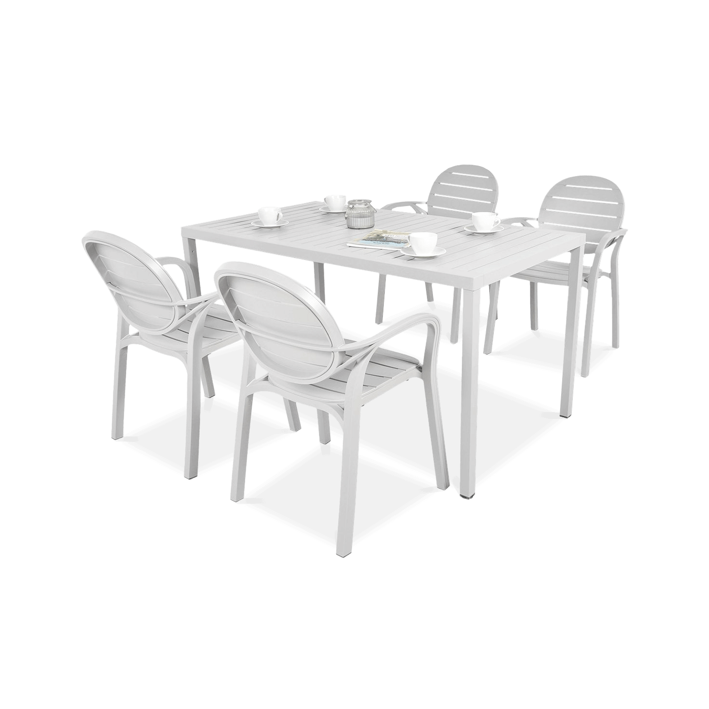 biały zestaw tarasowy z krzesłami i stołem