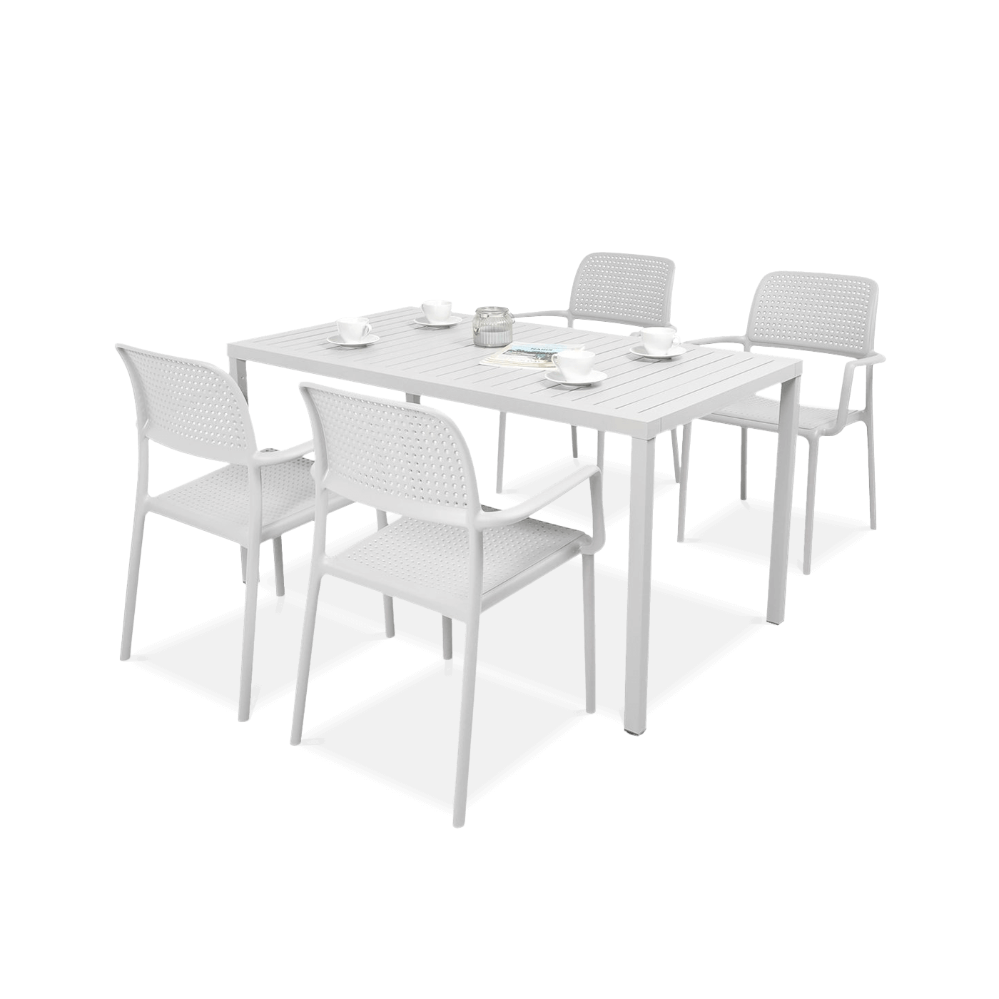 zestaw mebli ogrodowych w kolorze białym z krzesłami i stołem