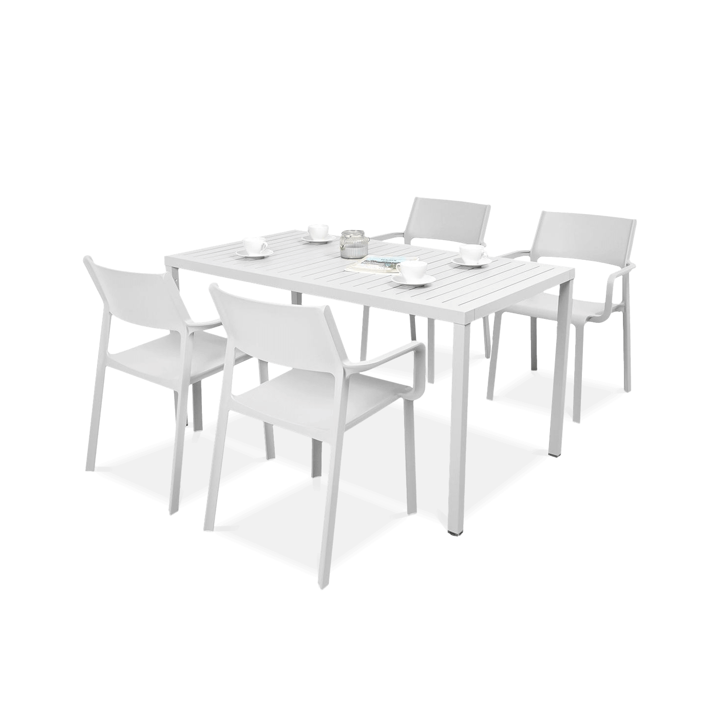 biały zestaw jadalniany z krzesłami i prostokątnym stołem
