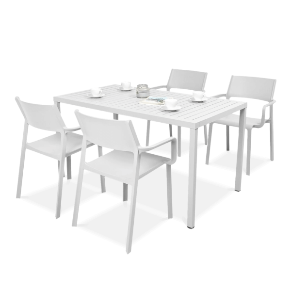 biały zestaw jadalniany z krzesłami i prostokątnym stołem