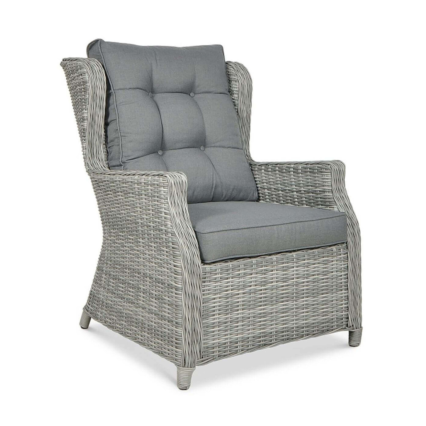 Fotel wykonany z technorattanu wchodzący w skład kompletu Trivento Duo Stone Grey