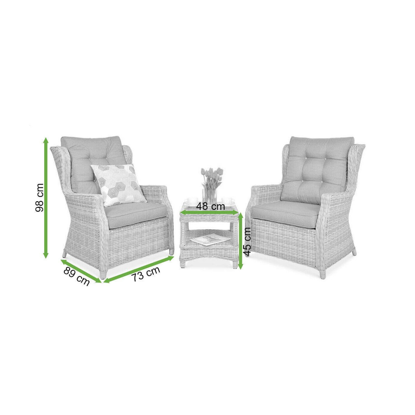 Rzut z wymiarami zestawu meblowego Trivento Duo White Grey