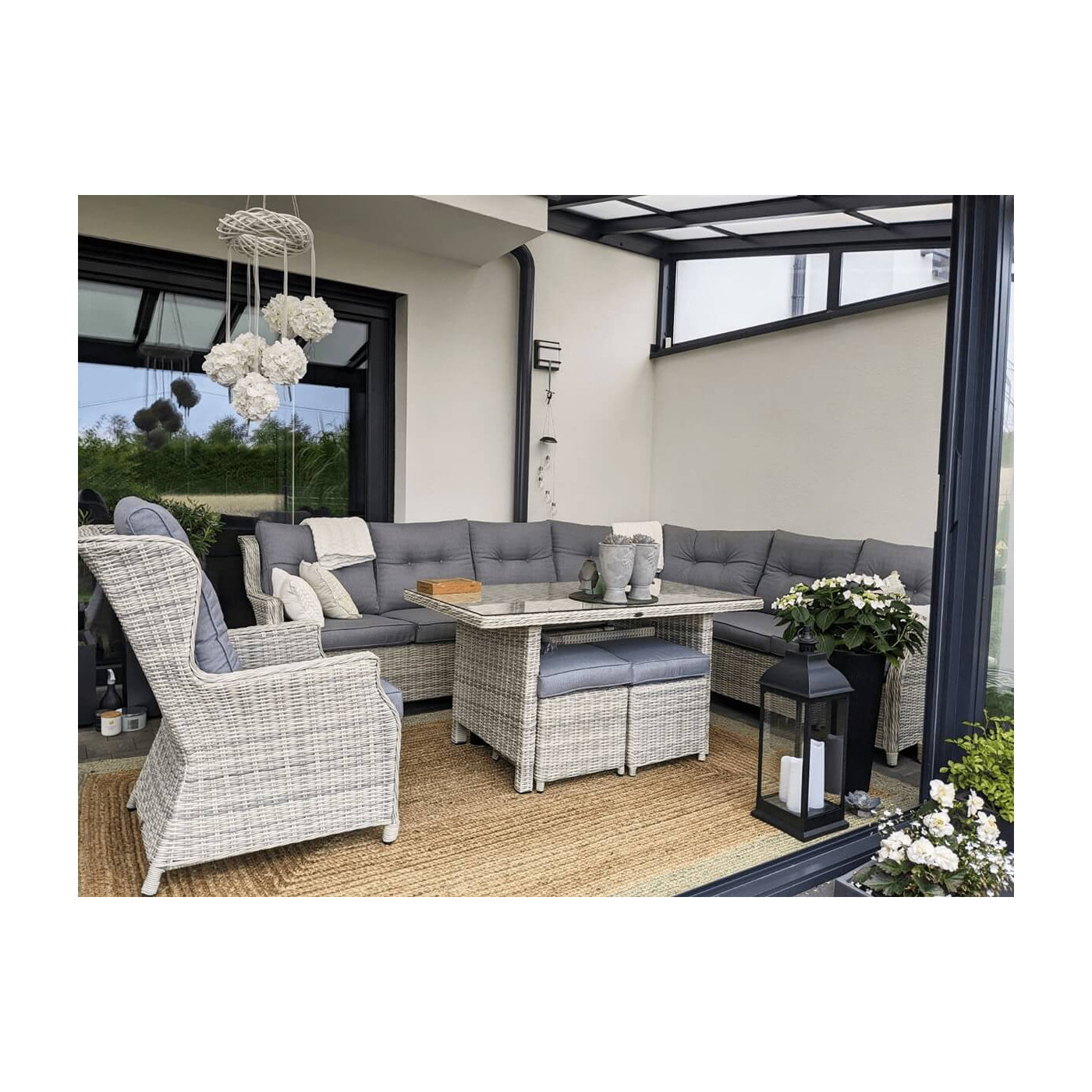 Naroznik ogrodowy z technorattanu Trivento Dining White Grey