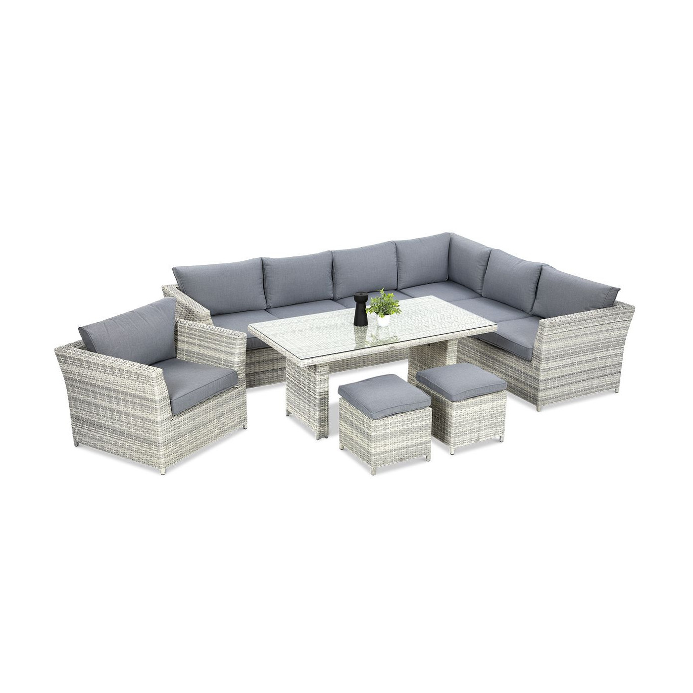 Zestaw do ogrodu - narożnik, dwie pufy, fotel i stół jadalniany w kolorze biało szarym