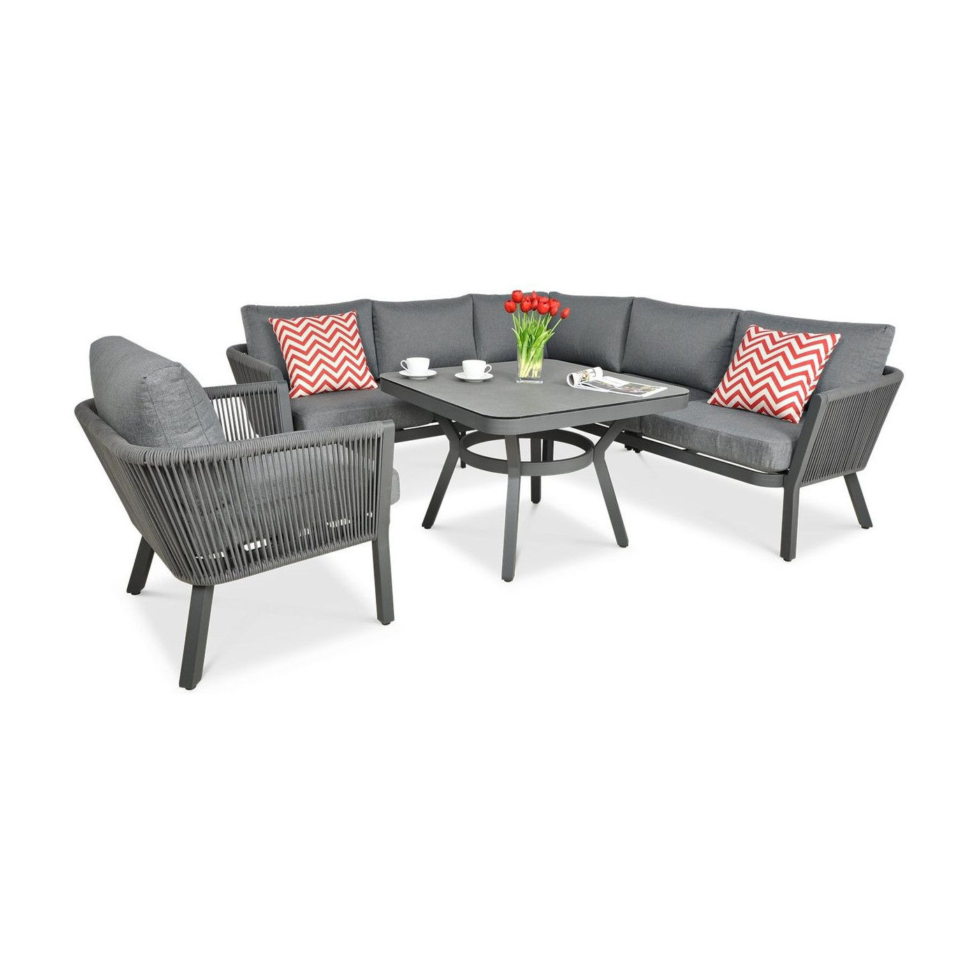 Narożnik salvador dining wraz z fotelem grey i stolikiem