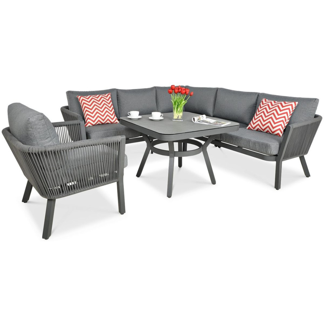 Narożnik salvador dining wraz z fotelem grey i stolikiem