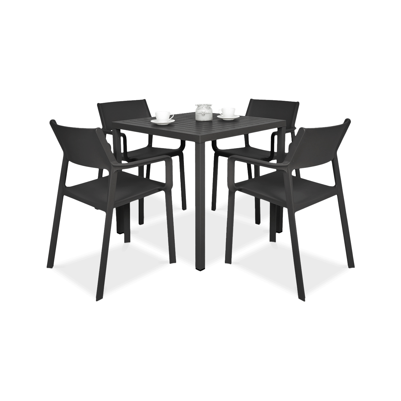 zestaw kawowy na balkon z czterema krzesłami i stolikiem