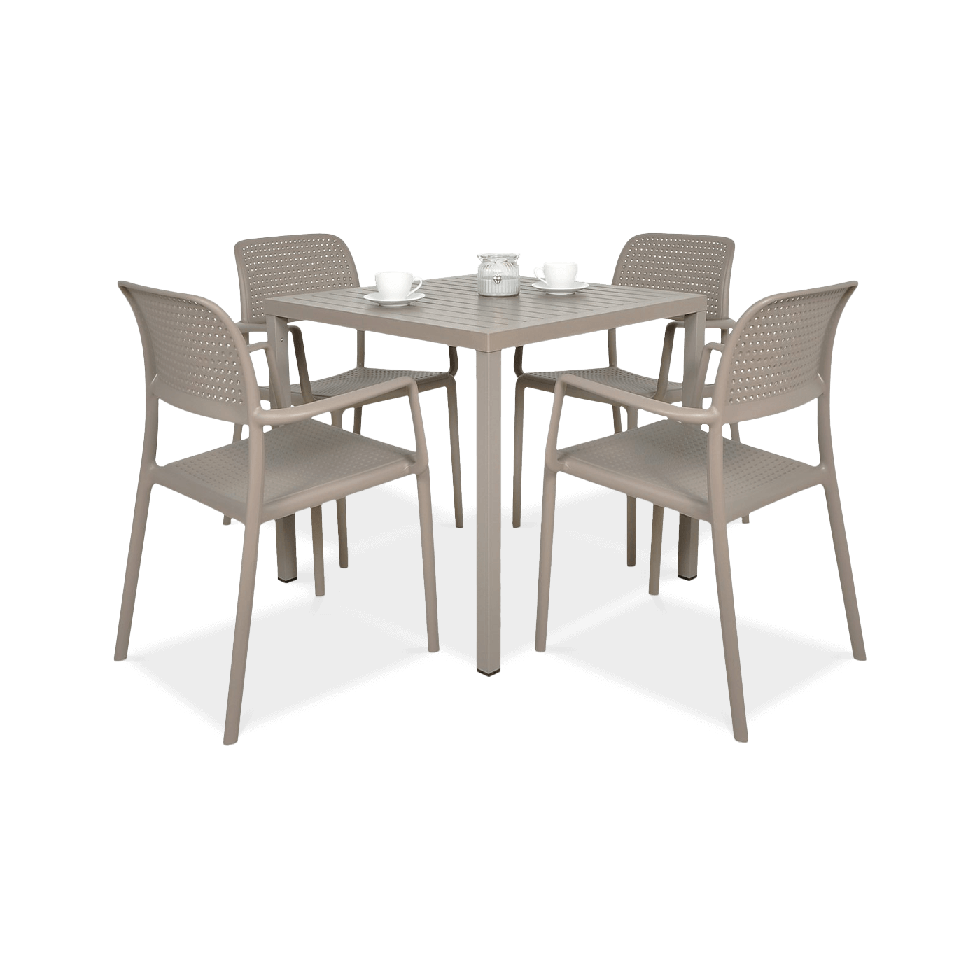 Meble jadalniane w kolorze brązowym. Cztery krzesła i kwadratowy stolik