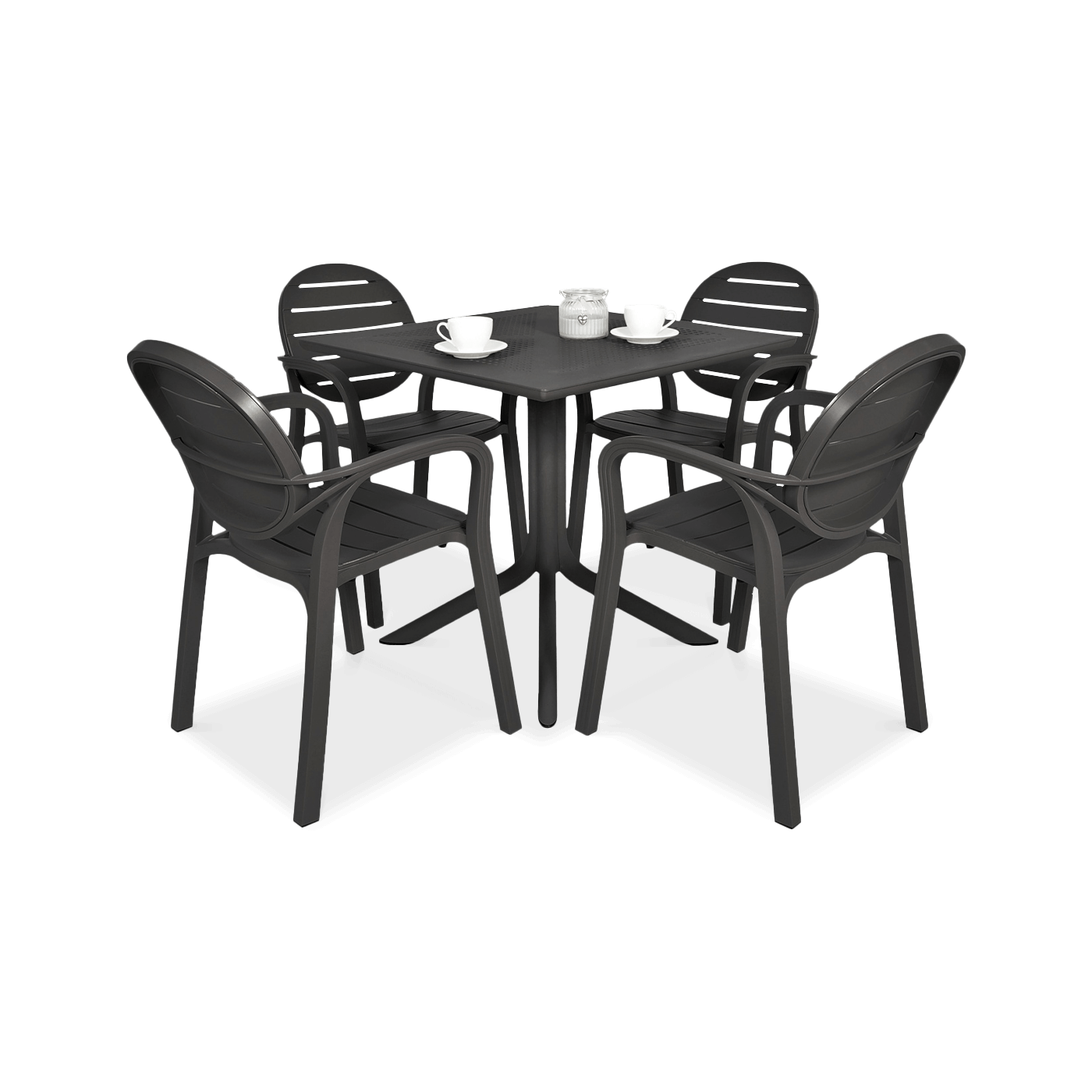 cztery krzesła i stolik w kolorze czarnym