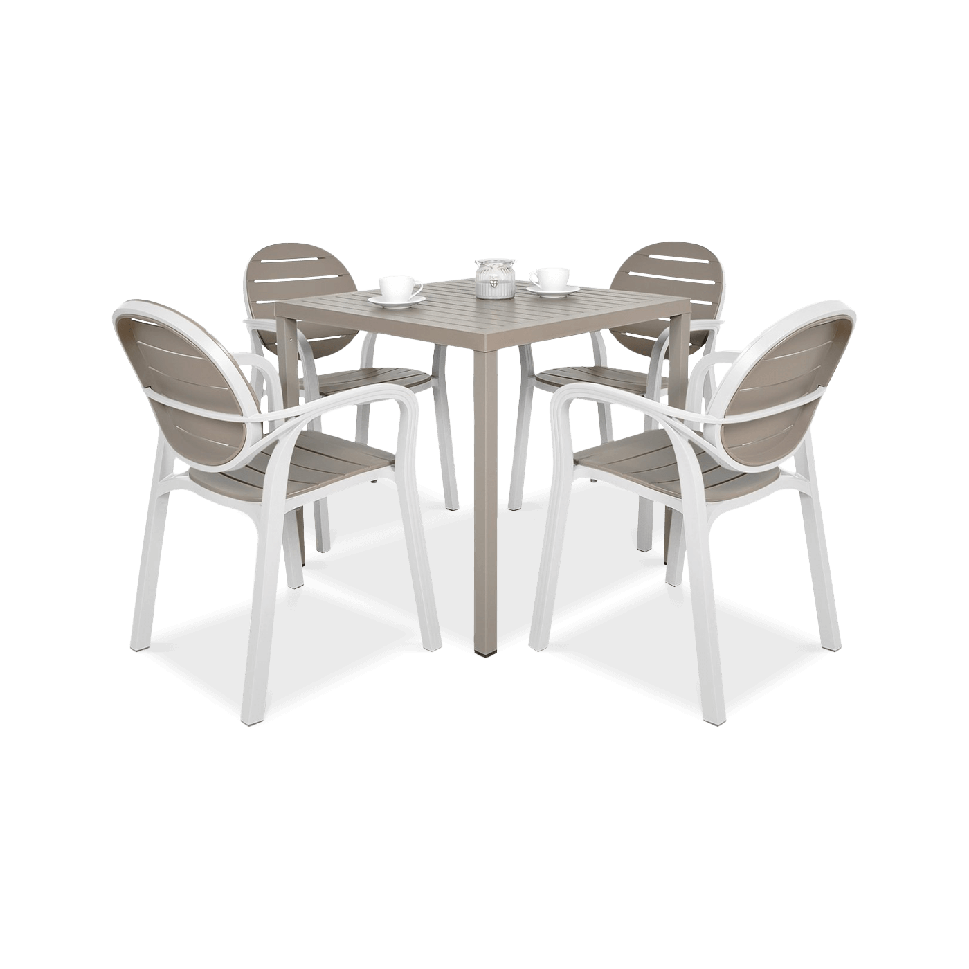 zestaw mebli tarasowych z czterema krzesłami i stolikiem w kolorze brązowym i białym