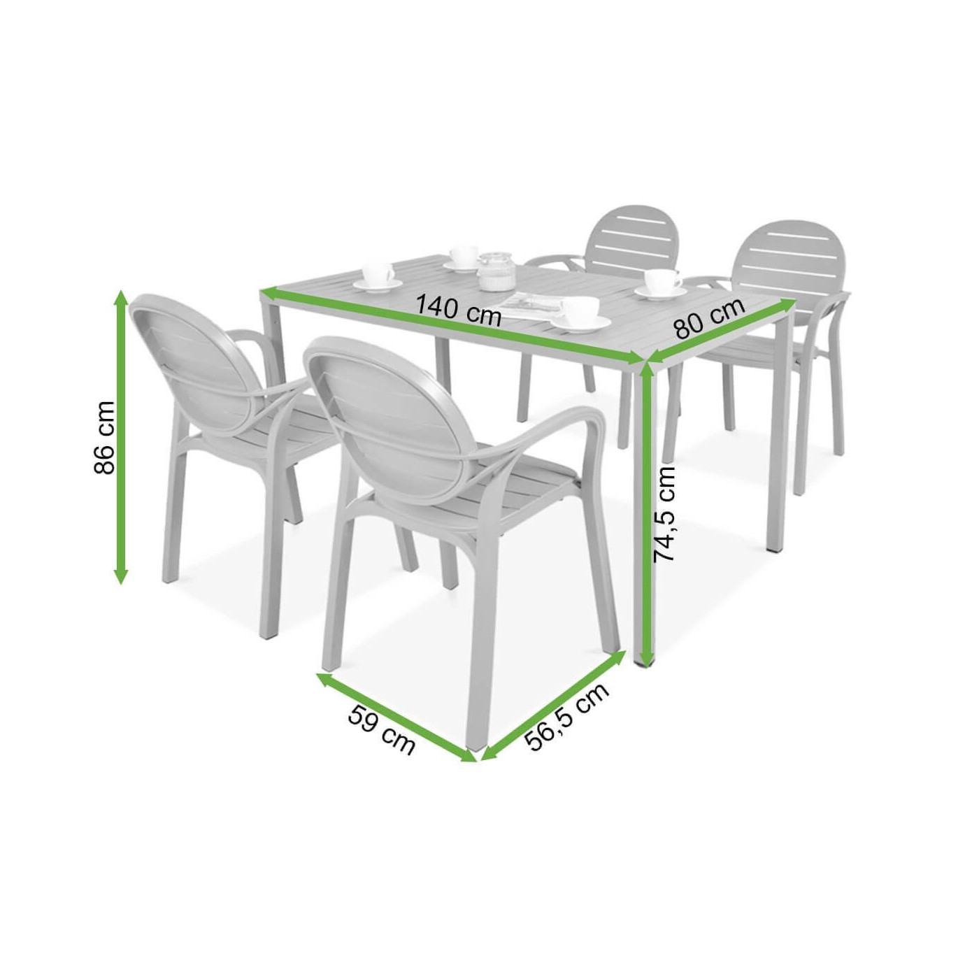 Wymiary zestawu ogrodowego ze stołem 140 cm oraz czterema krzesłami, Bianco Tortora