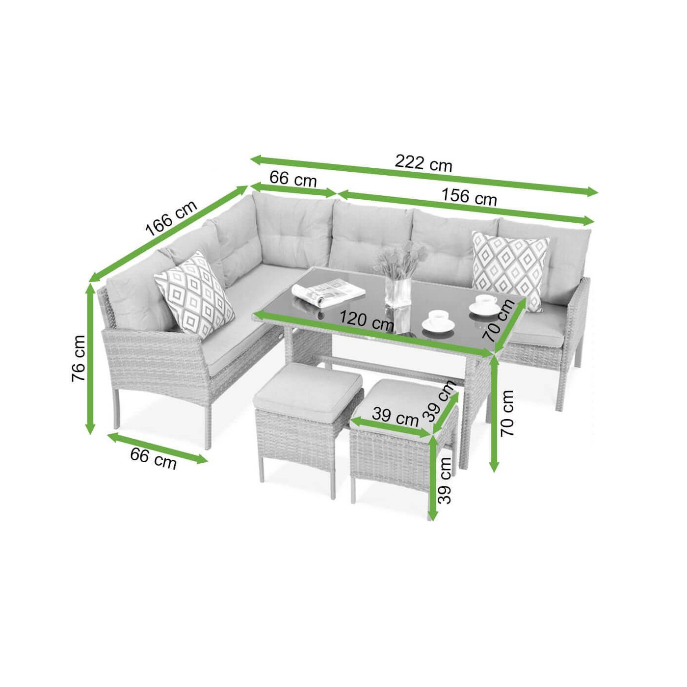 Wymiary zestawu ogrodowego z narożnikiem z technorattanu Cortina Brown 