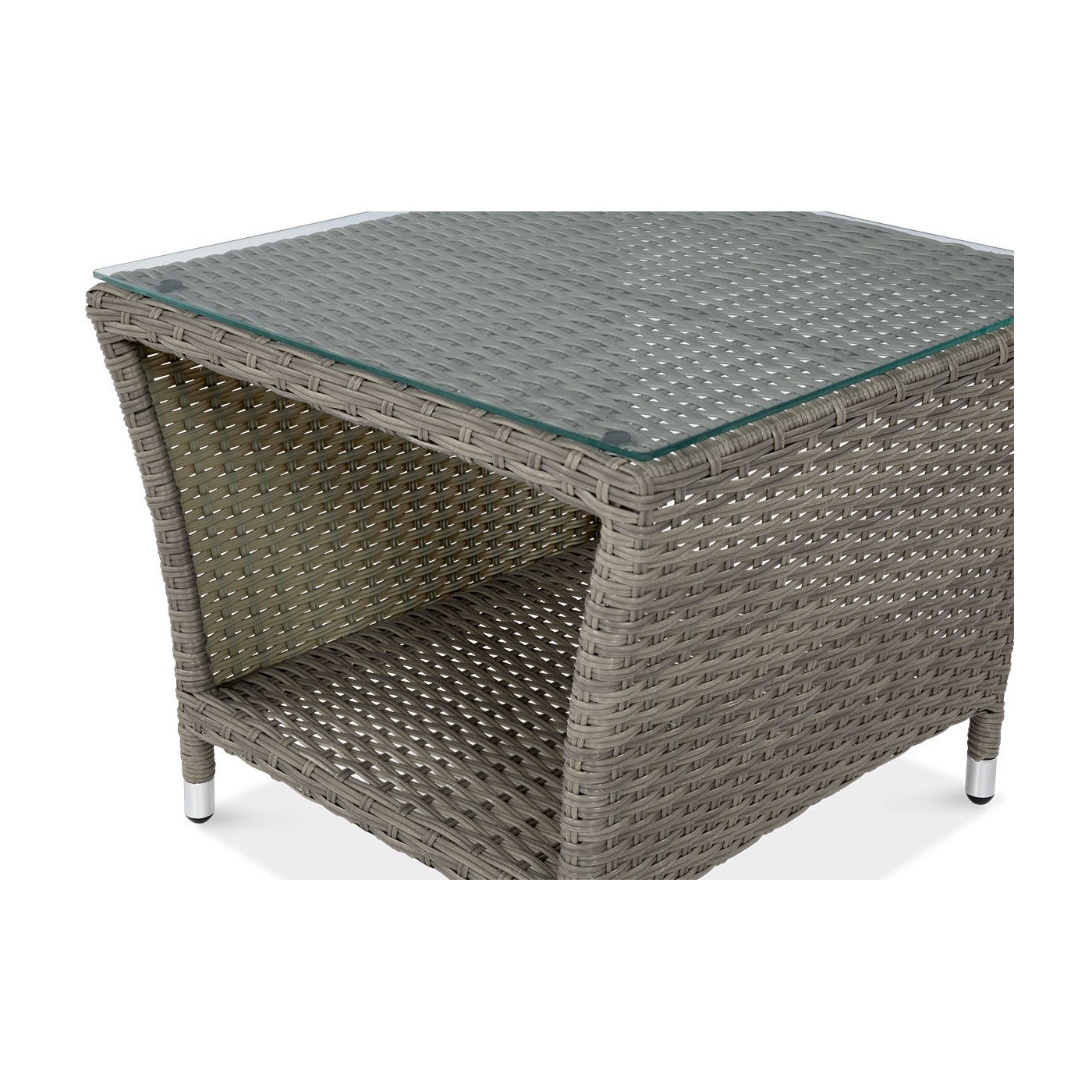 Zbliżenie na technorattanową konstrukcję i szklany blat stolika kawowego alicante