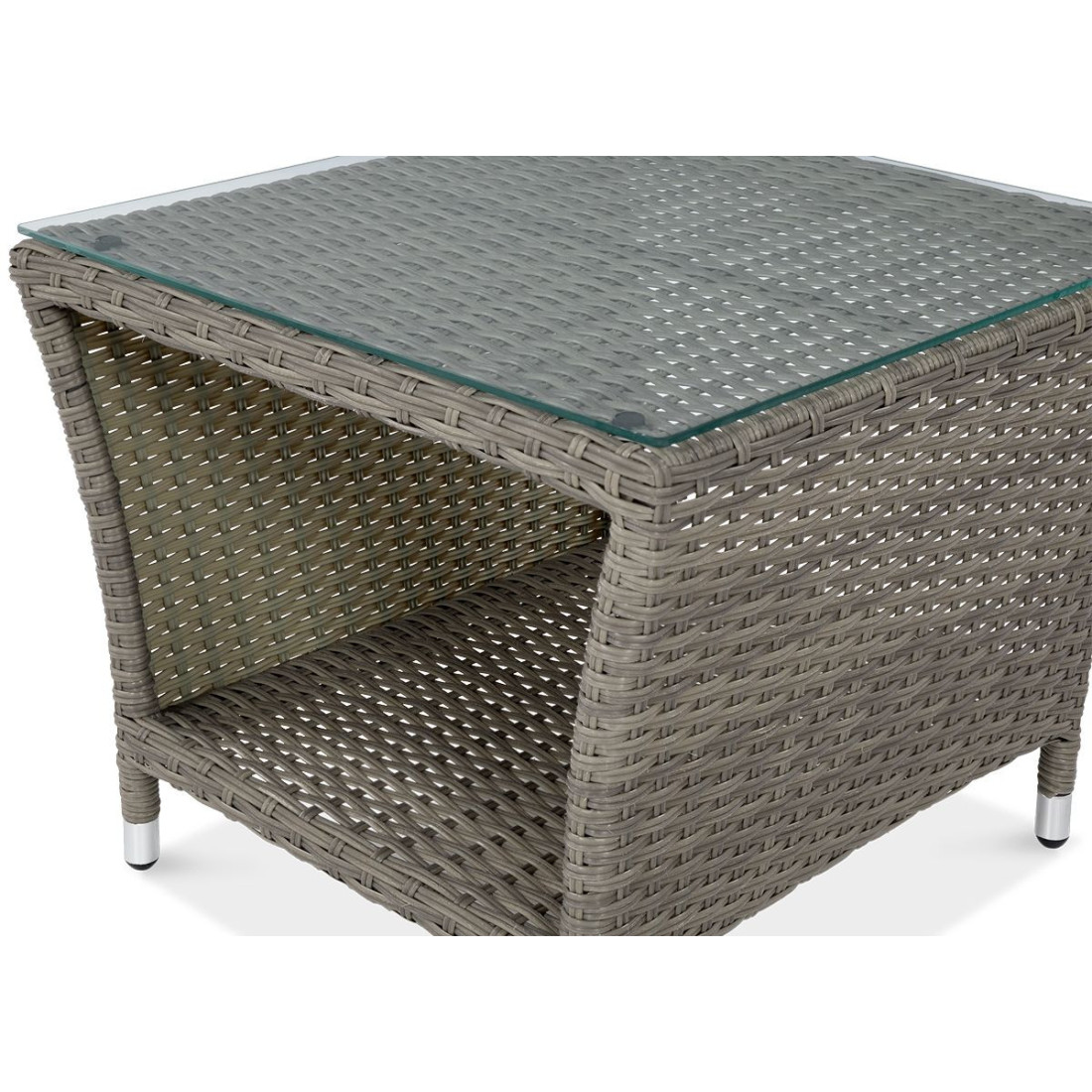 Zbliżenie na technorattanową konstrukcję i szklany blat stolika kawowego alicante