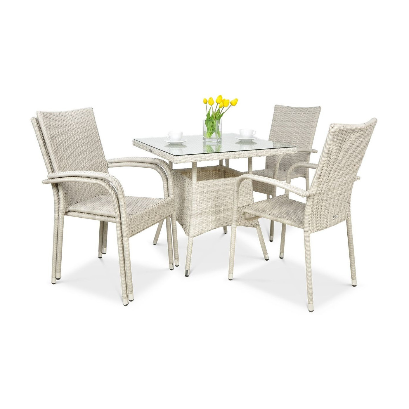 Zestaw ogrodowy technorattan FIESTA/LUGO 4+1 White z sztaplowanymi krzesłami