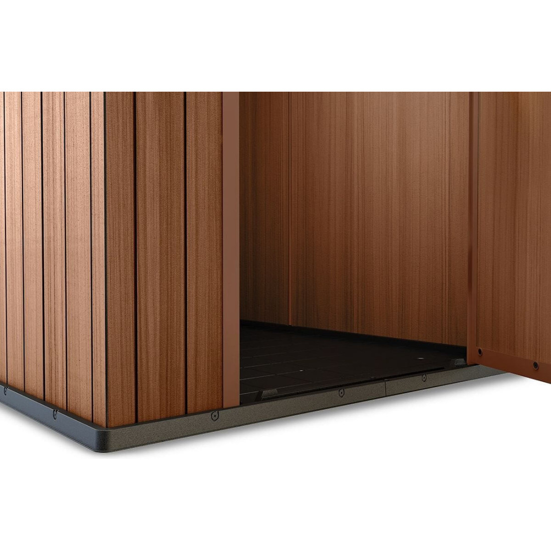 Domek ogrodowy na narzędzia Darwin 4x6 Brązowy KETER, funkcjonalny próg na wejściu do domku