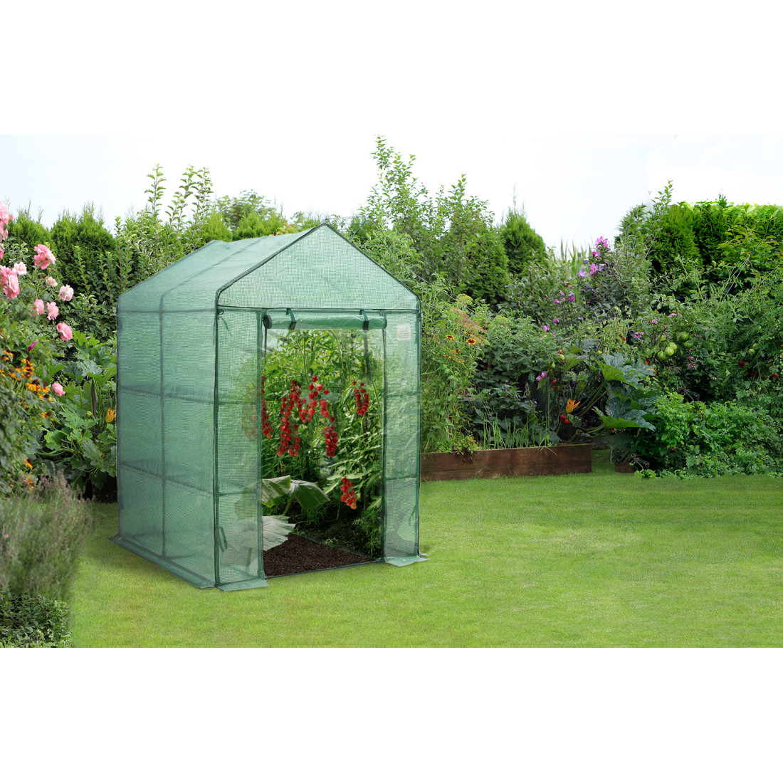 Aranżacja szklarni tunelu foliowego regał 8 półek 140x140 cm kolor zielony