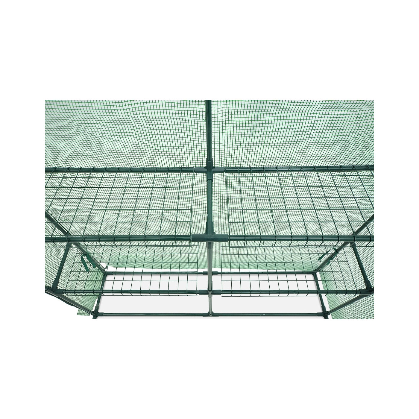 Zbliżenie na półki szklarni tunelu foliowego regał 8 półek 140x140 cm kolor zielony