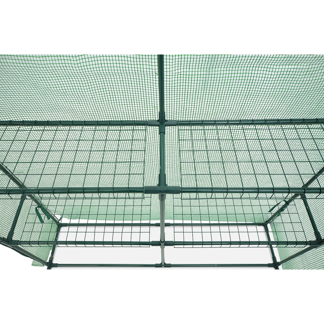 Zbliżenie na półki szklarni tunelu foliowego regał 8 półek 140x140 cm kolor zielony