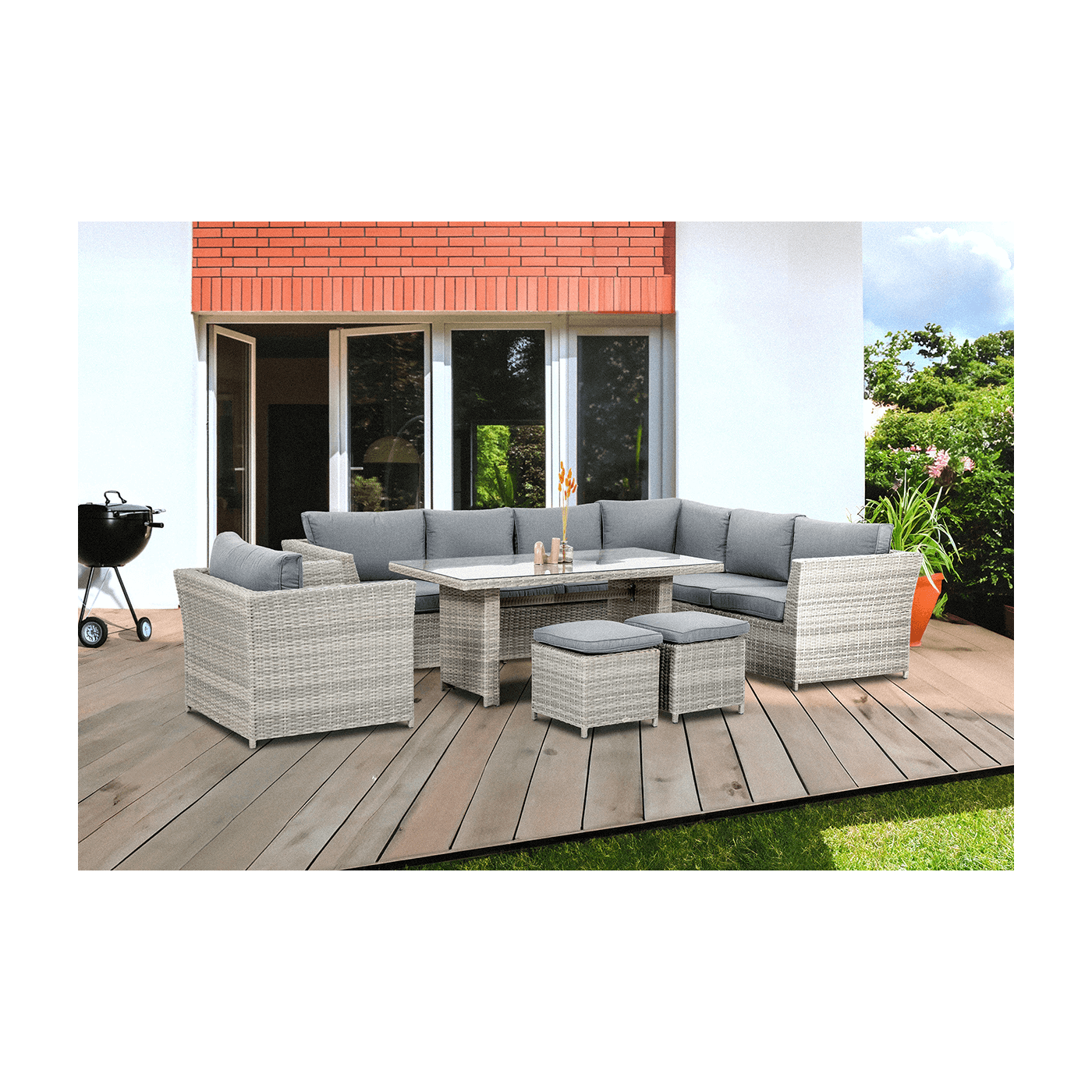 Aranżacja na tarasie zestawu ogrodowego MONIZ DINING PLUS Stone Grey