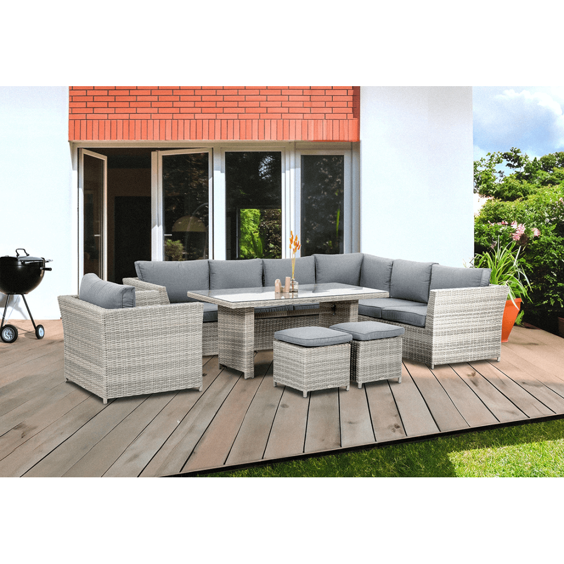 Aranżacja na tarasie zestawu ogrodowego MONIZ DINING PLUS Stone Grey