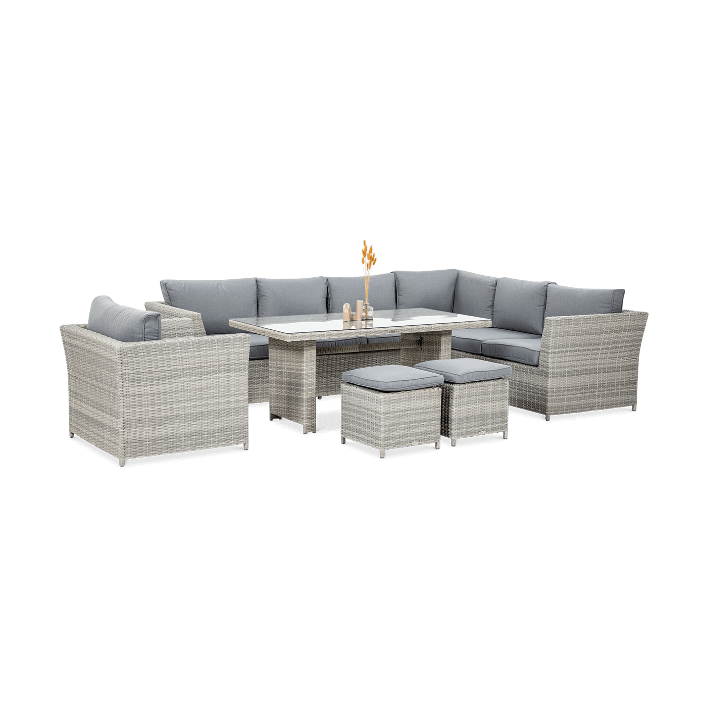 Widok na zestaw meblowy z technorattanu MONIZ DINING PLUS Stone Grey