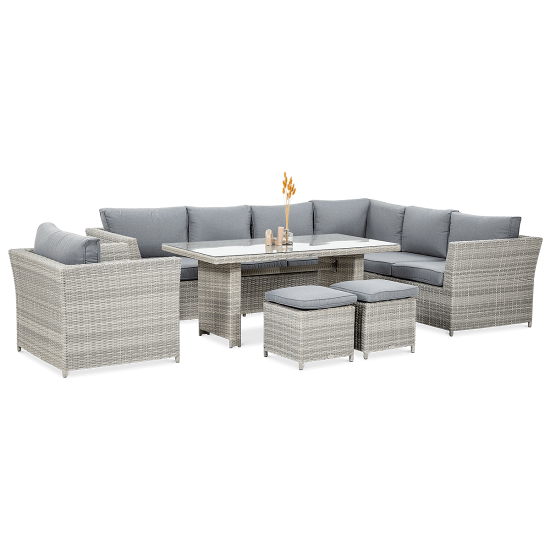 Widok na zestaw meblowy z technorattanu MONIZ DINING PLUS Stone Grey