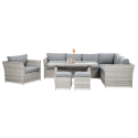 Narożnik, fotel, stół, pufy z zestawu wypoczynkowego MONIZ DINING PLUS Stone Grey