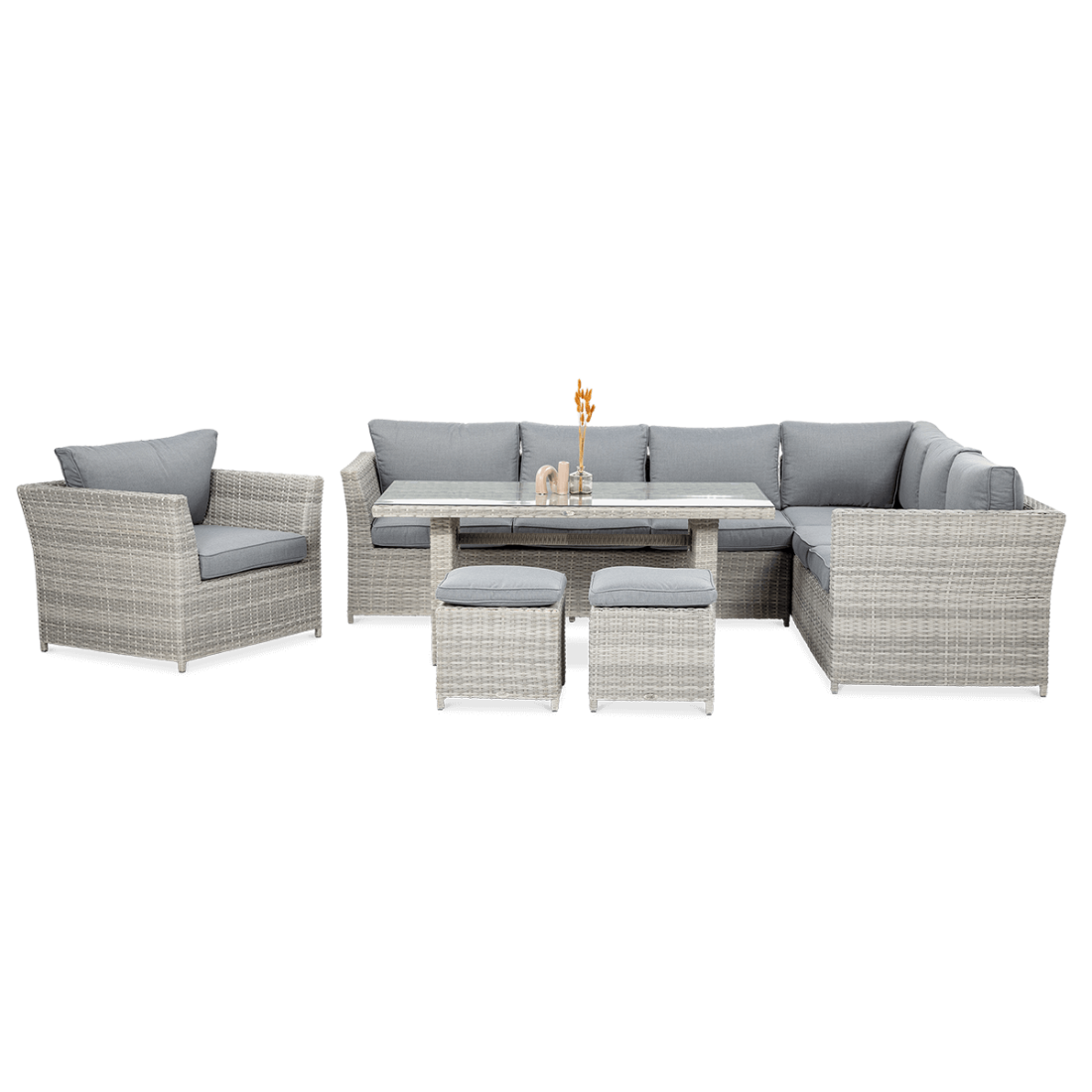 Narożnik, fotel, stół, pufy z zestawu wypoczynkowego MONIZ DINING PLUS Stone Grey