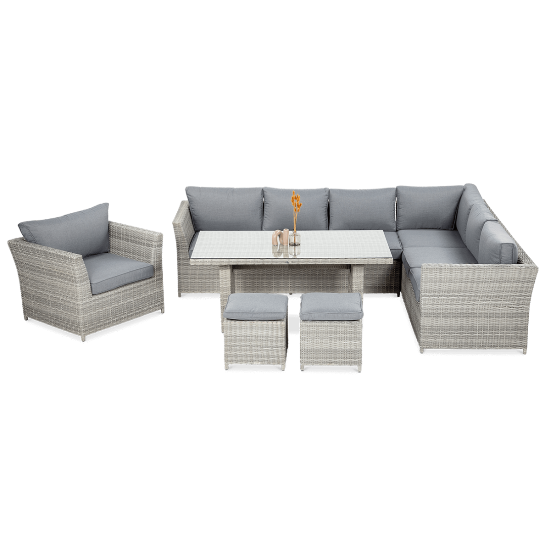 Ustawienie mebli z zestawu ogrodowego z technorattanu MONIZ DINING PLUS Stone Grey