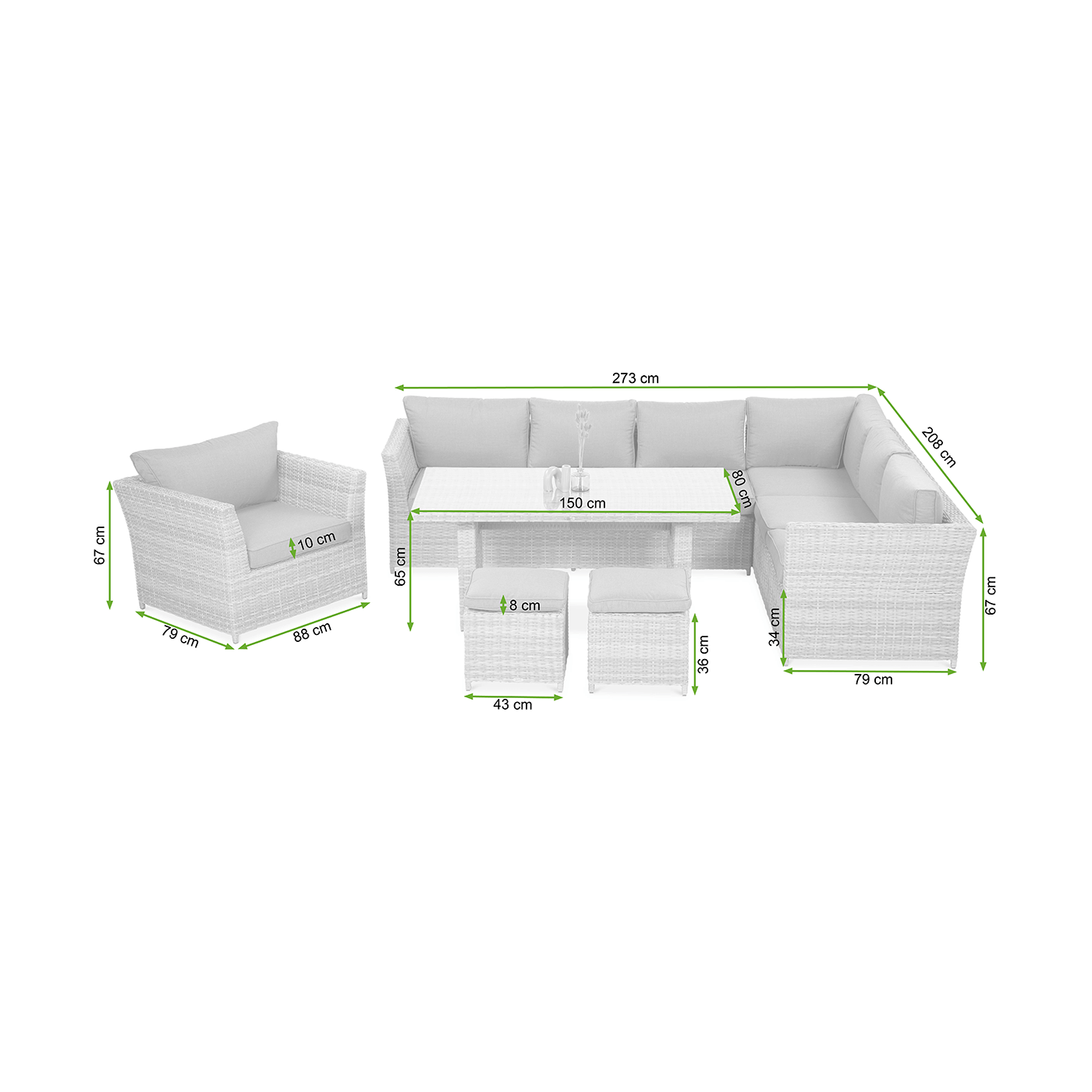 Wymiary zestawu wypoczynkowego MONIZ DINING PLUS Stone Grey