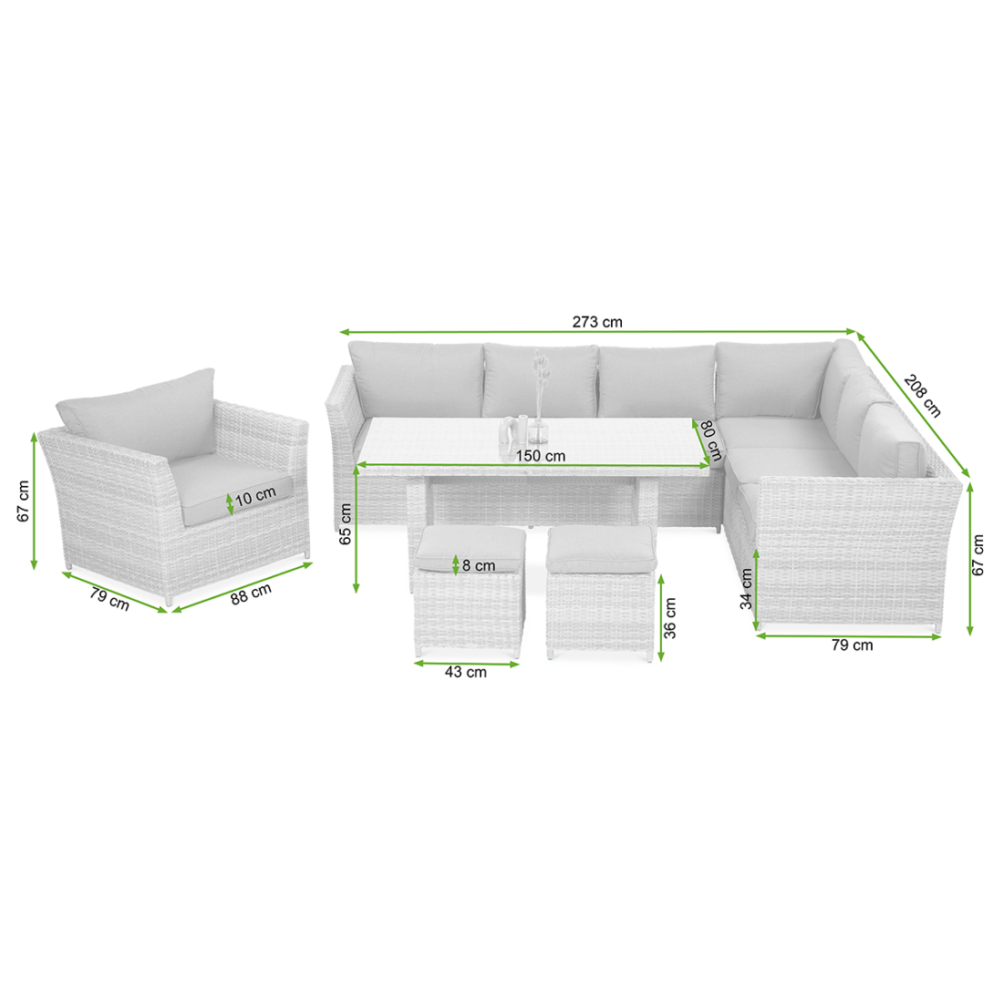 Wymiary zestawu wypoczynkowego MONIZ DINING PLUS Stone Grey