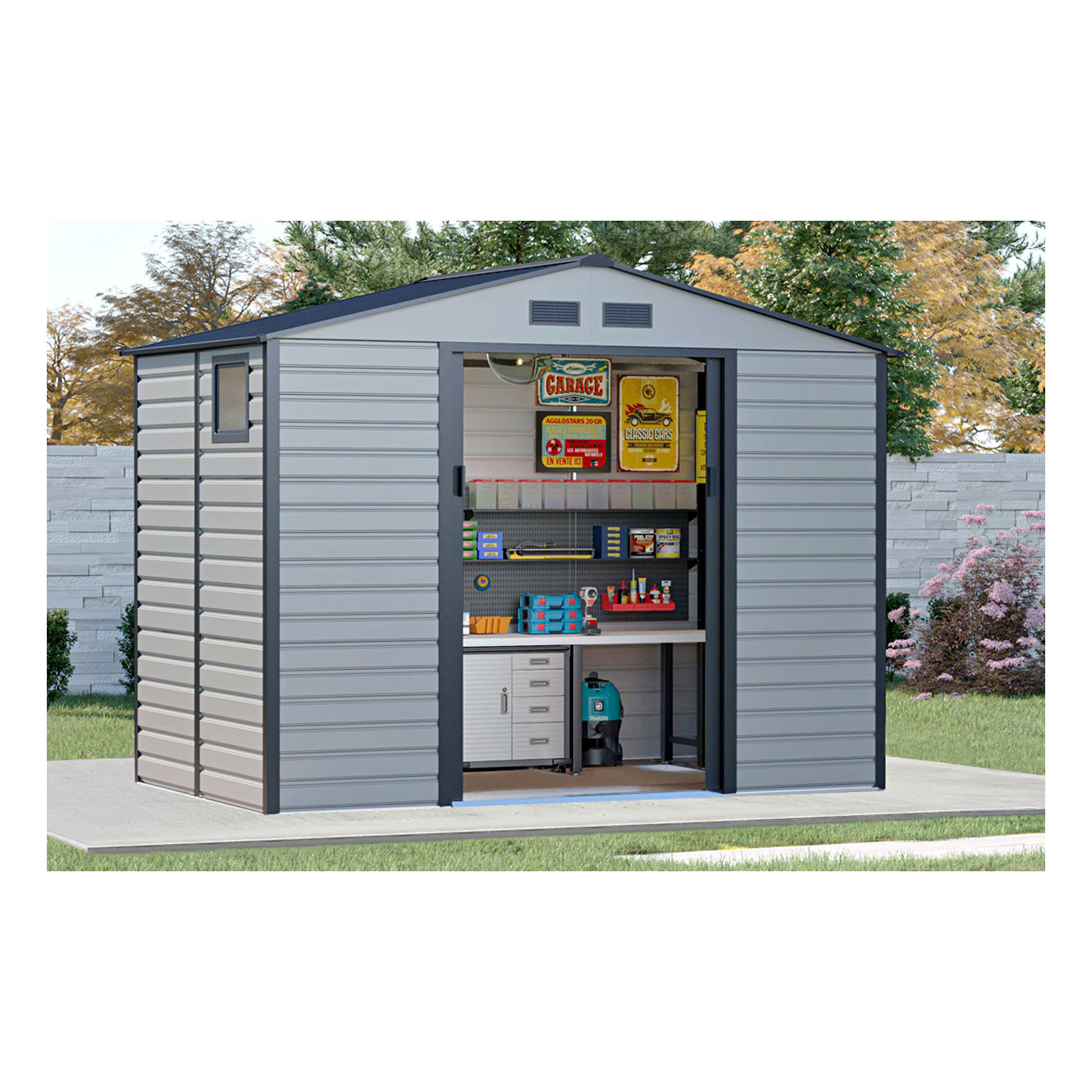 Aranżacja w ogrodzie domku narzędziowego MONTREAL 277x195cm Light Grey