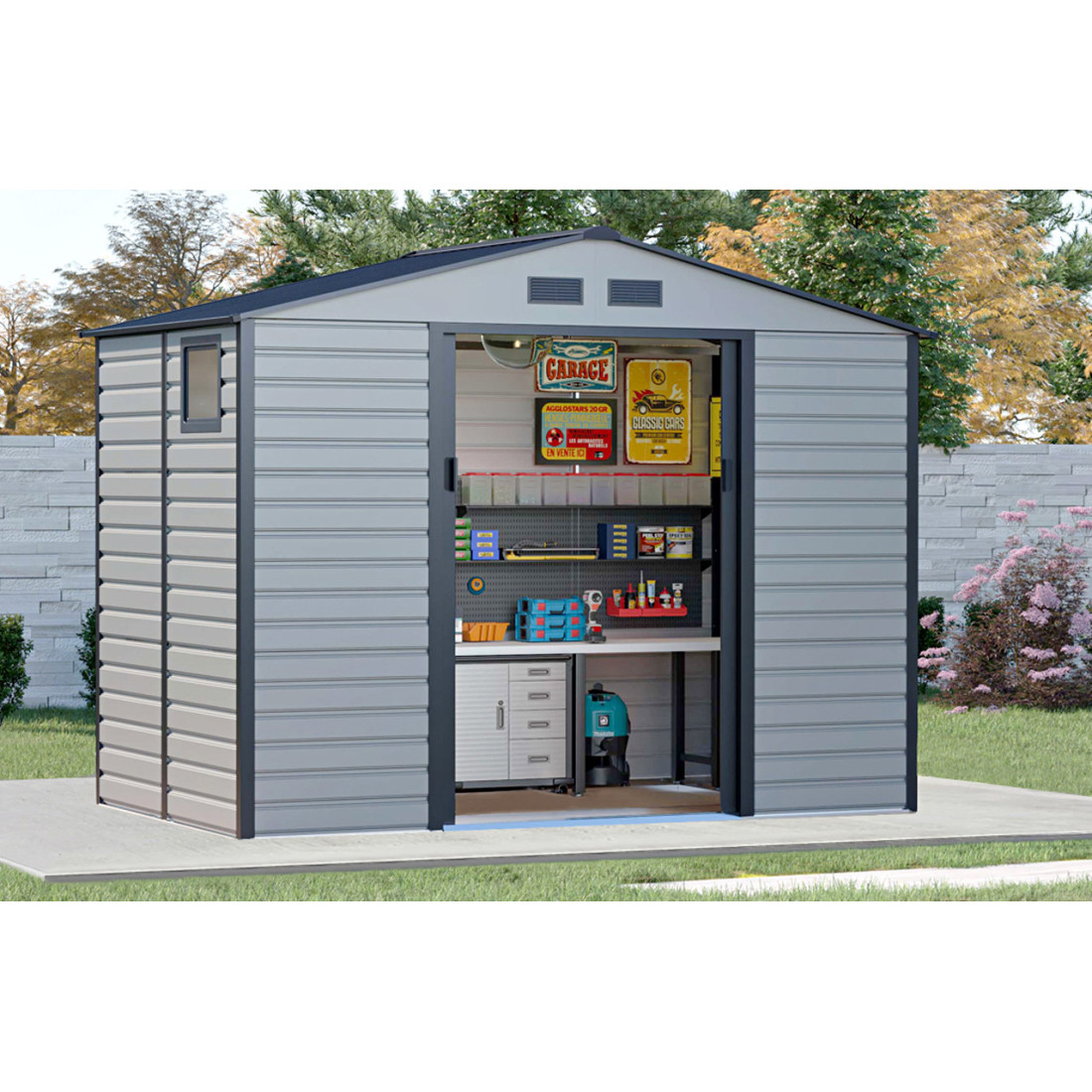 Aranżacja w ogrodzie domku narzędziowego MONTREAL 277x195cm Light Grey