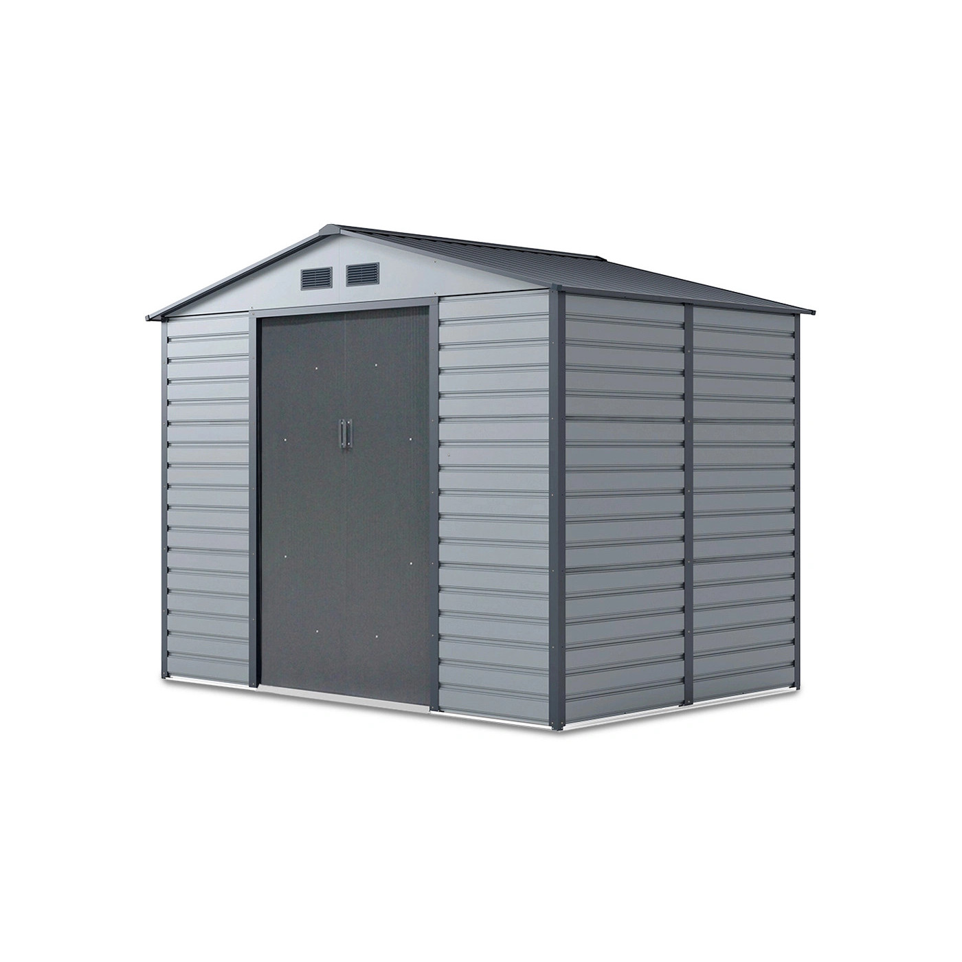 Widok na boczną ścianę domku narzędziowego Montreal z podwójnymi drzwiami