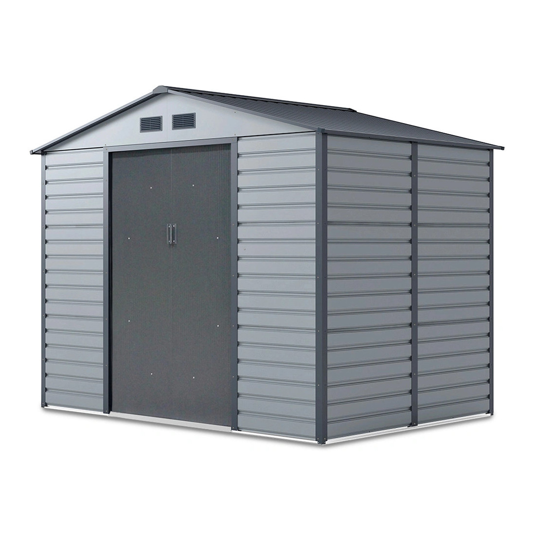 Widok na boczną ścianę domku narzędziowego Montreal z podwójnymi drzwiami