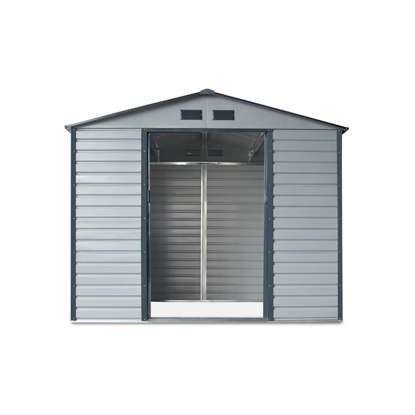 Widok na przód i wnętrze domku narzędziowegoWidok z boku na domek ogrodowy Montreal 277x195cm Light Grey