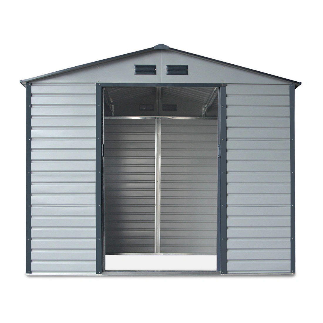 Widok na przód i wnętrze domku narzędziowegoWidok z boku na domek ogrodowy Montreal 277x195cm Light Grey