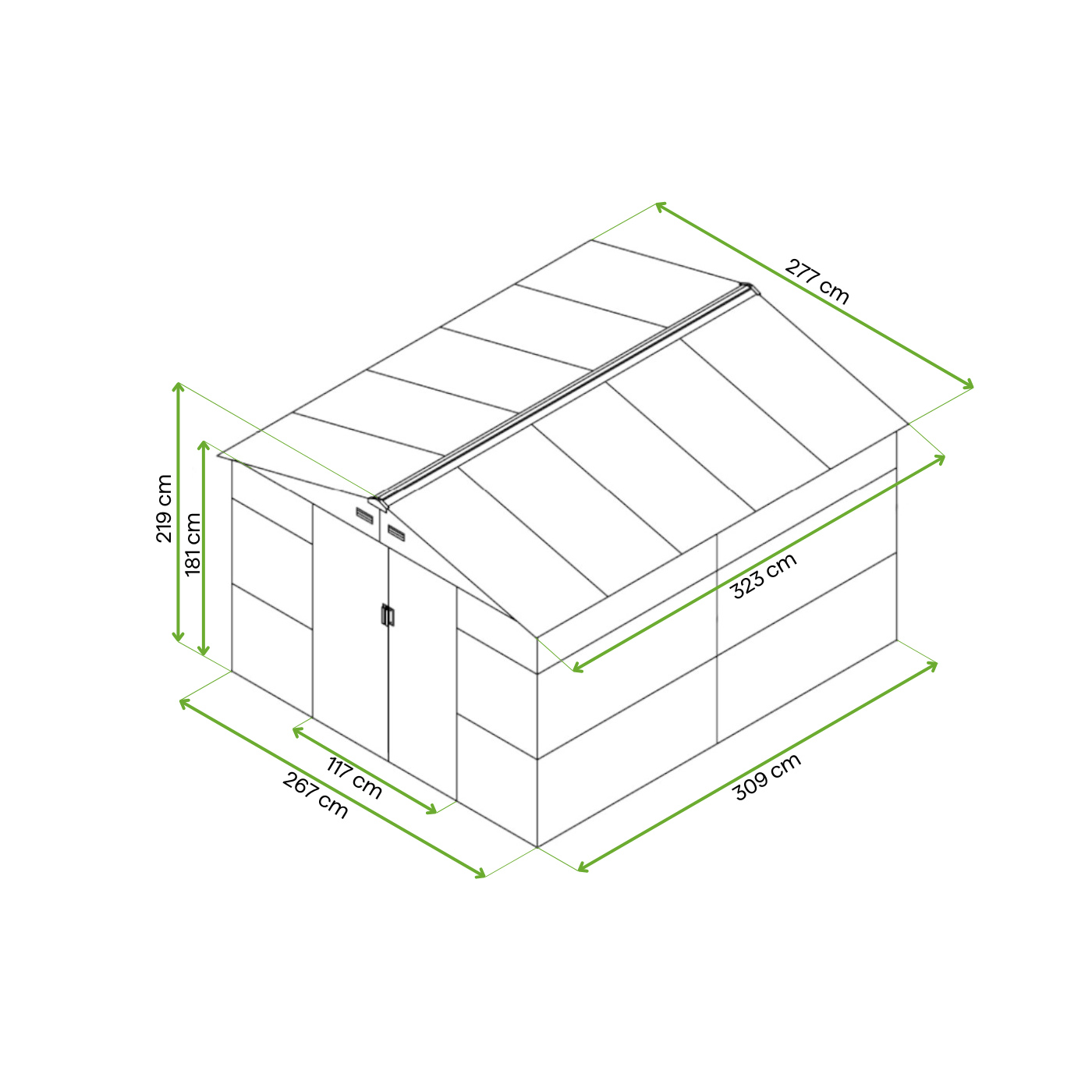 Rycina z wymiarami domku na narzędzia MONTREAL 277x323cm