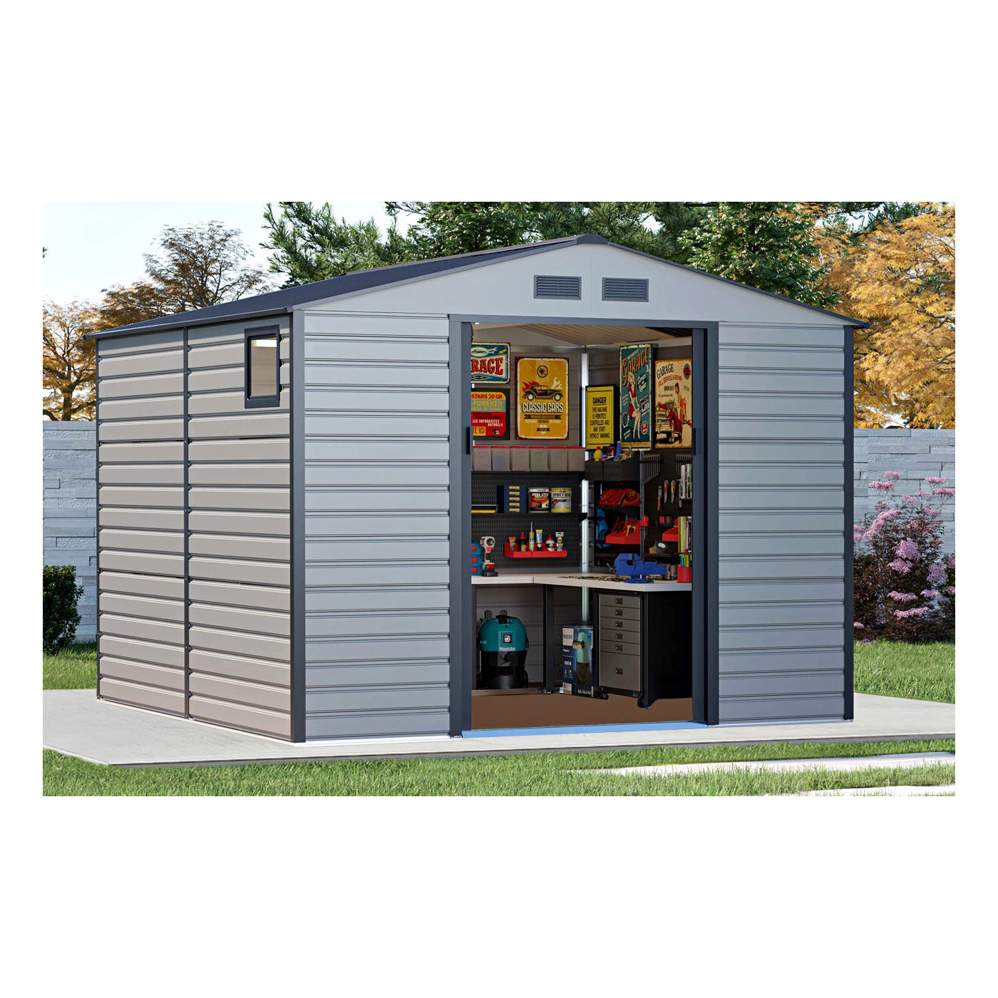 Domek narzędziowy MONTREAL 277x323cm - aranżacja w ogrodzie, widok na wnętrze 