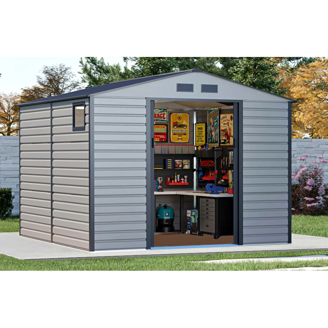 Domek narzędziowy MONTREAL 277x323cm - aranżacja w ogrodzie, widok na wnętrze 