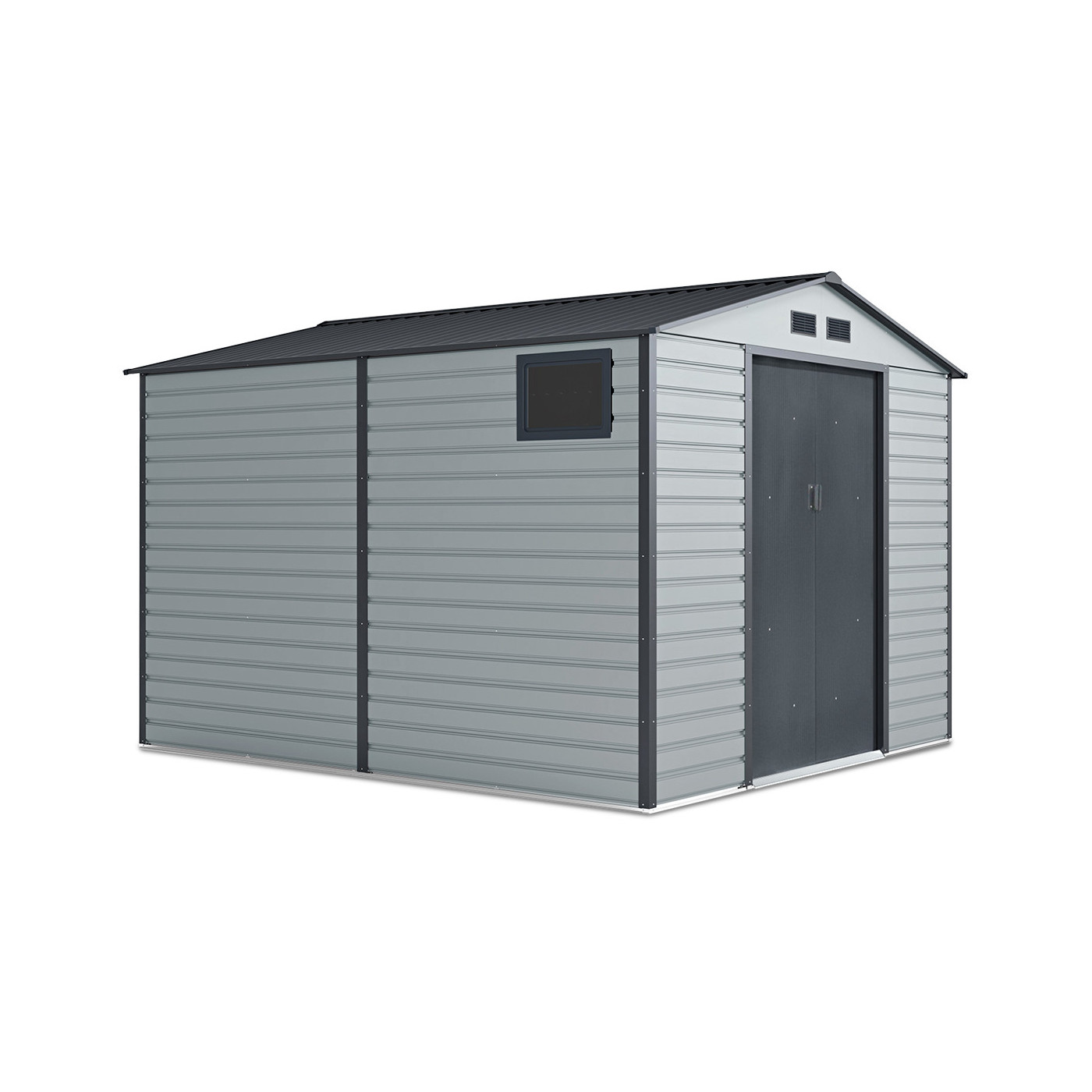 Widok na boczną ścianę z oknem domku na narzędzia MONTREAL 277x323cm