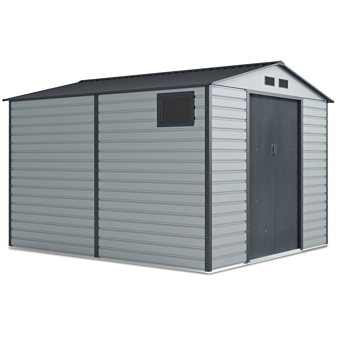 Widok na boczną ścianę z oknem domku na narzędzia MONTREAL 277x323cm