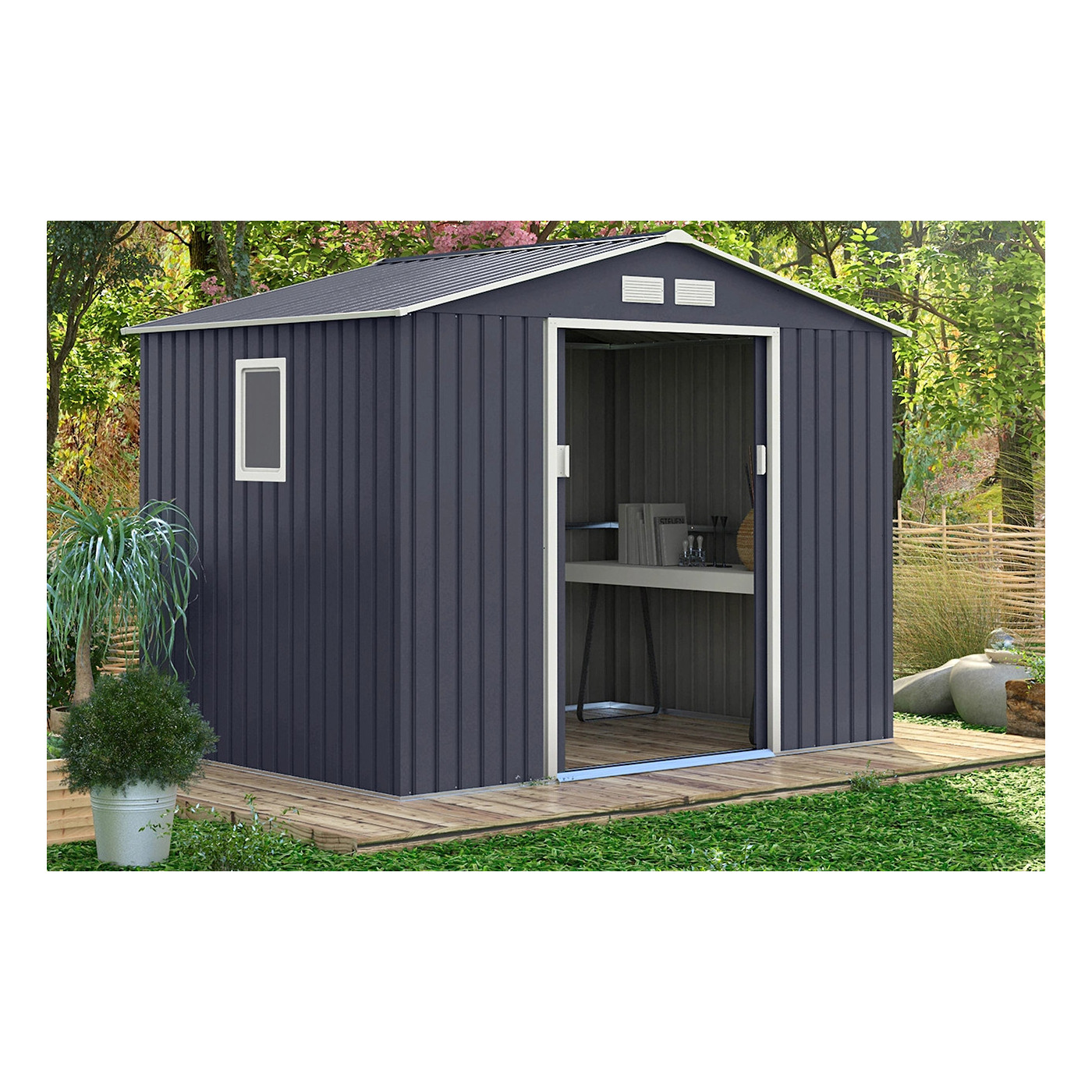 Domek narzędziowy Hudson 277x191cm w aranżacji ogrodowej