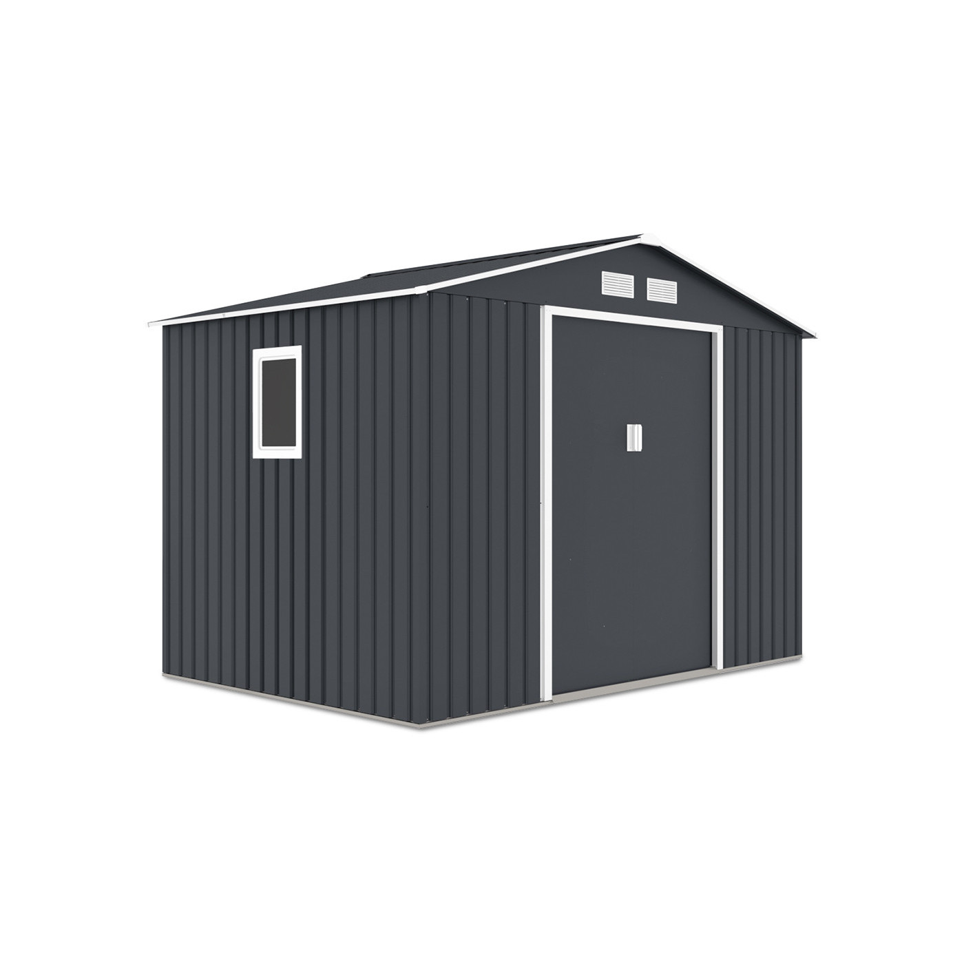 Widok na boczną ścianę z oknem domku na narzędzia HUDSON 277x191cm 