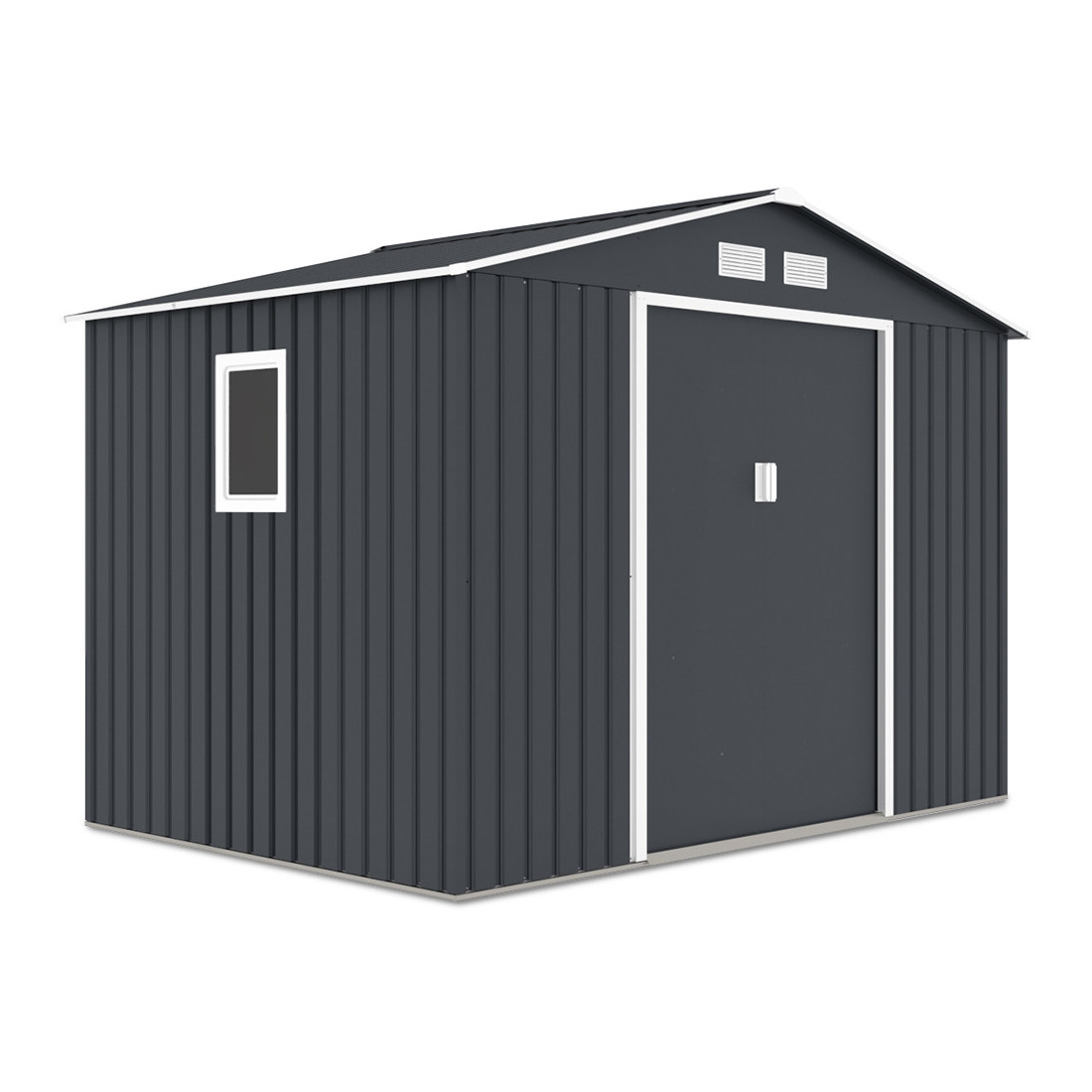 Widok na boczną ścianę z oknem domku na narzędzia HUDSON 277x191cm 