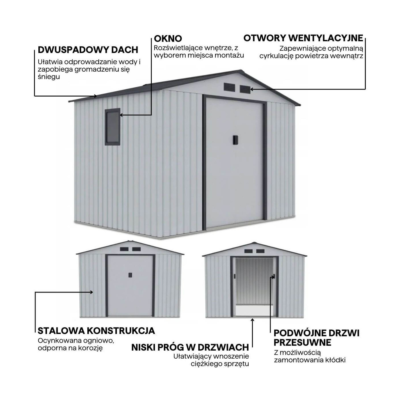 Grafika z detalami i cechami domku narzędziowego HUDSON 277x191