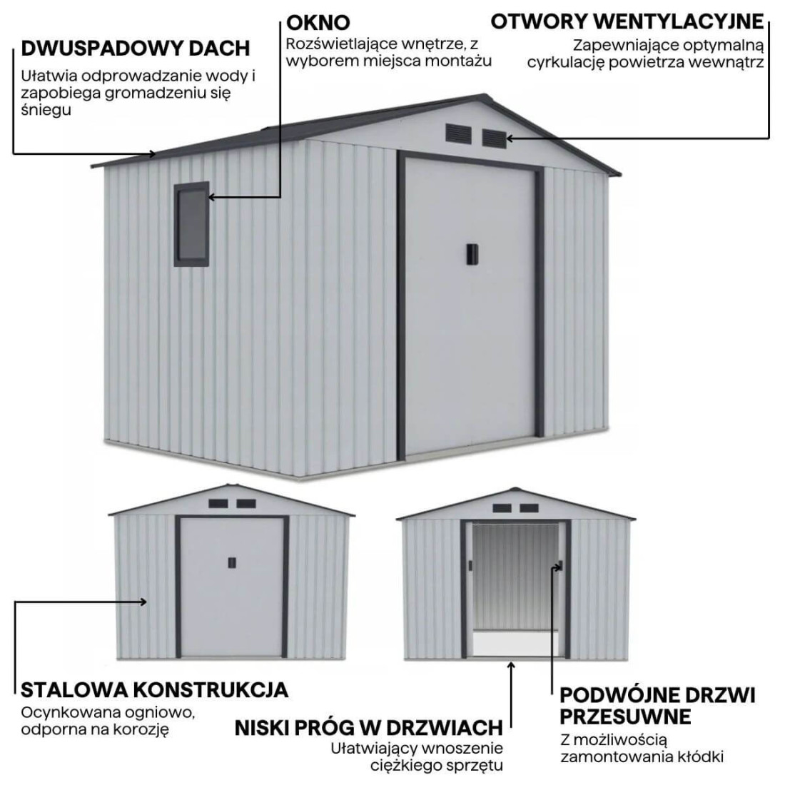 Grafika z detalami i cechami domku narzędziowego HUDSON 277x191