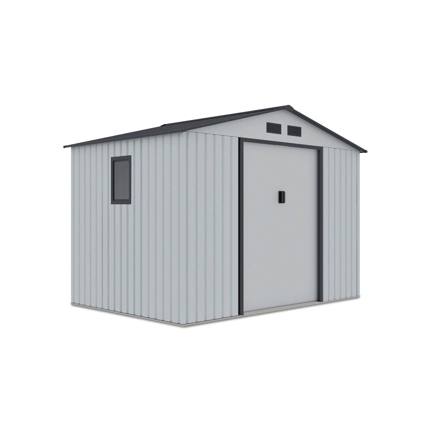 Widok na boczną ścianę z oknem domku na narzędzia HUDSON 277x191cm Light Grey
