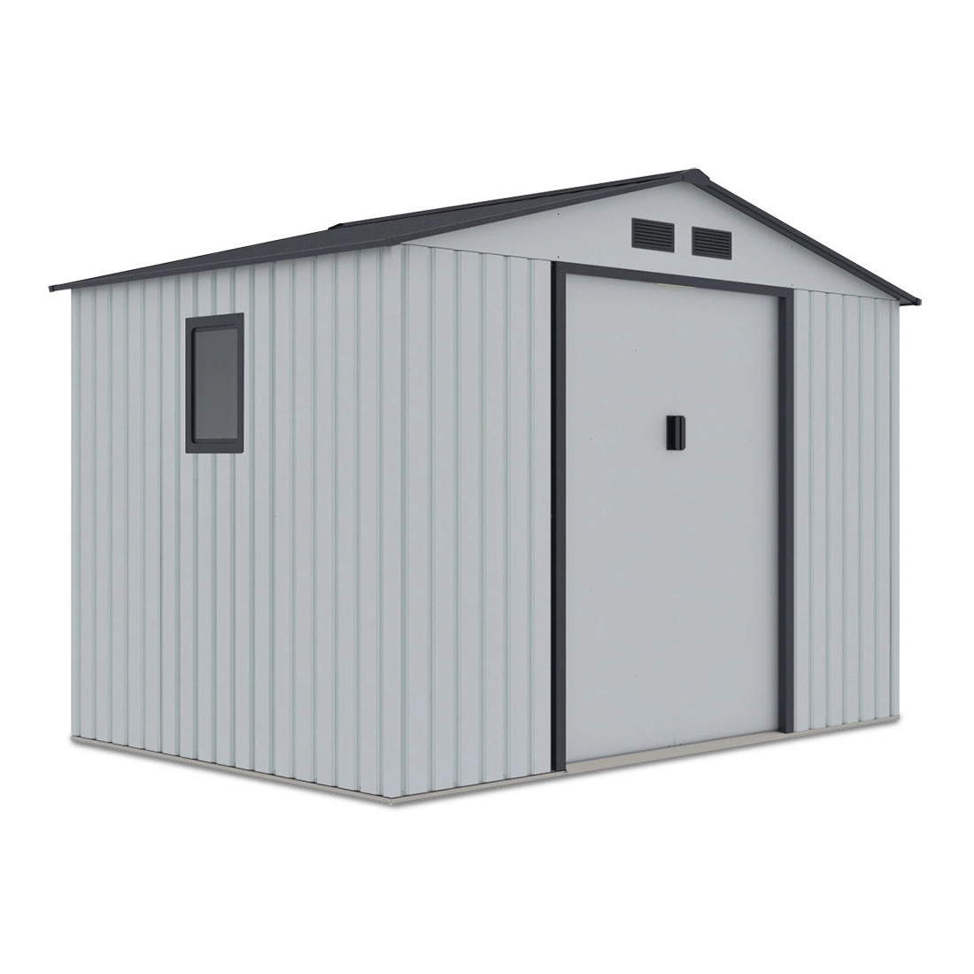 Widok na boczną ścianę z oknem domku na narzędzia HUDSON 277x191cm Light Grey